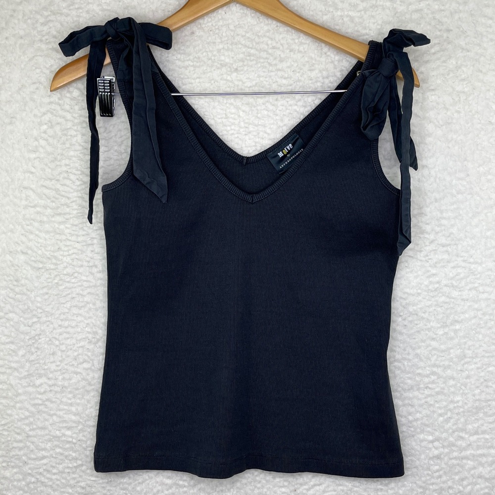Maeve by Anthropologie Black Ribbed Bow Tie Shoulder V-Neck Tank Top Medium
